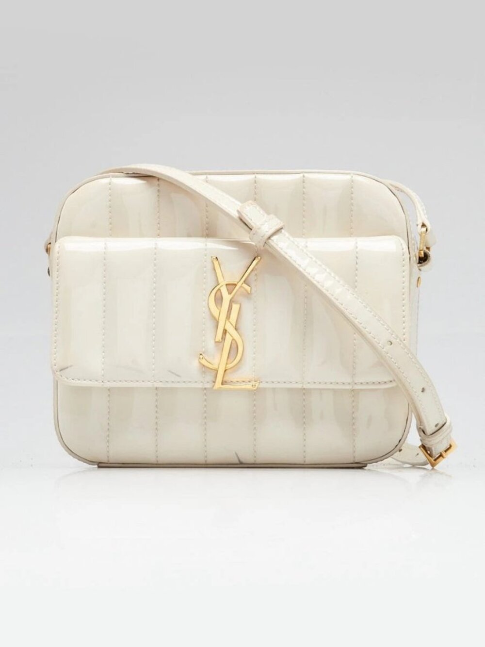 Yves Saint Laurent Crema Quilted Patent Leather Vicky Crossbody Camera Bag